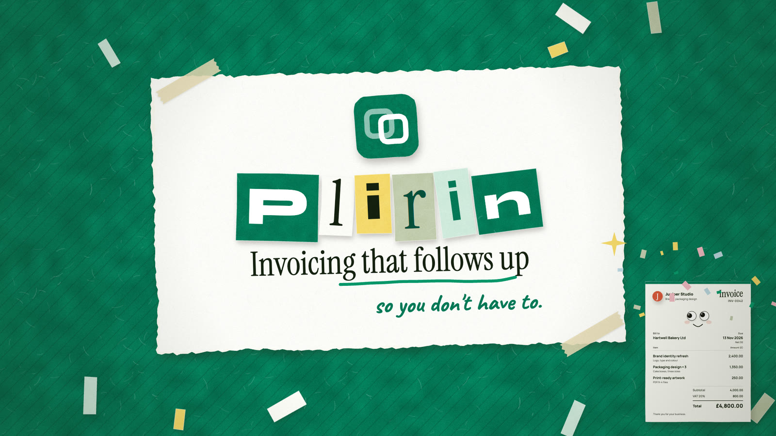 The film's end card: the Plirin logo and the line Invoicing that follows up, over paper hills.